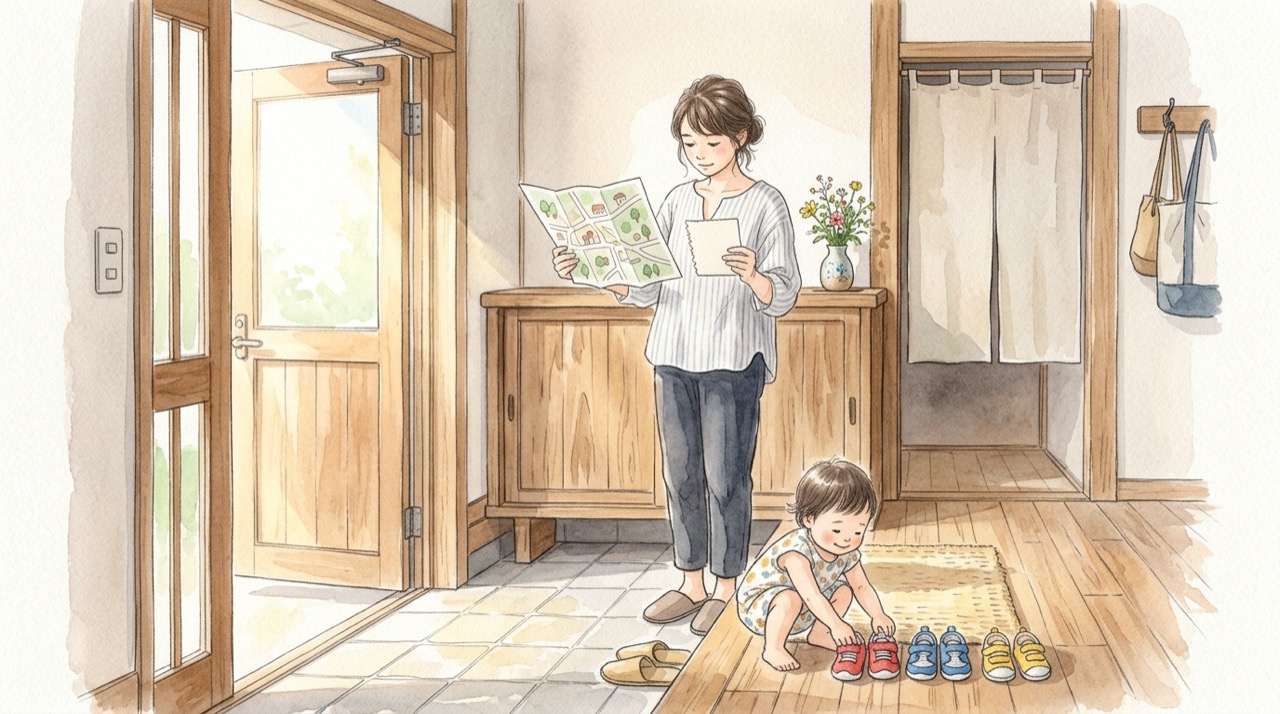 区の地図と住所のメモで、自分の町名の担当の係を確かめている保護者の場面。