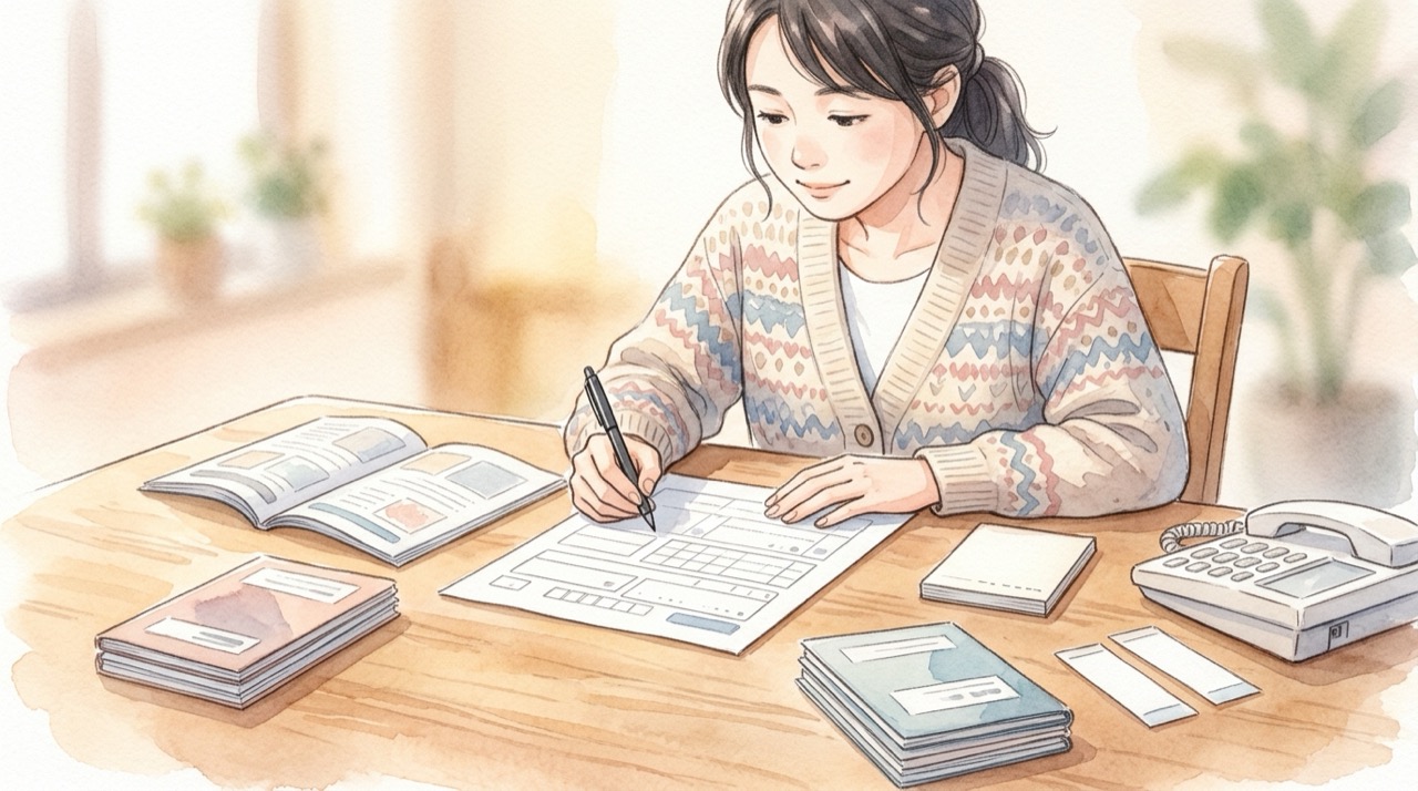 保護者が机で申請書に記入していて、机の上にパンフレットと電話が置かれている様子のイラスト。