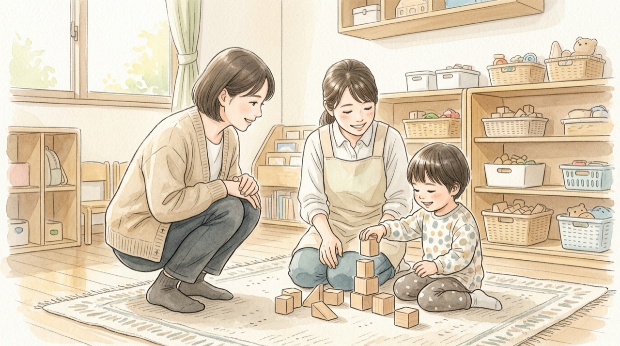 保育の場で、保護者と職員が、積み木で遊ぶ子どもを見守っている様子のイラスト。
