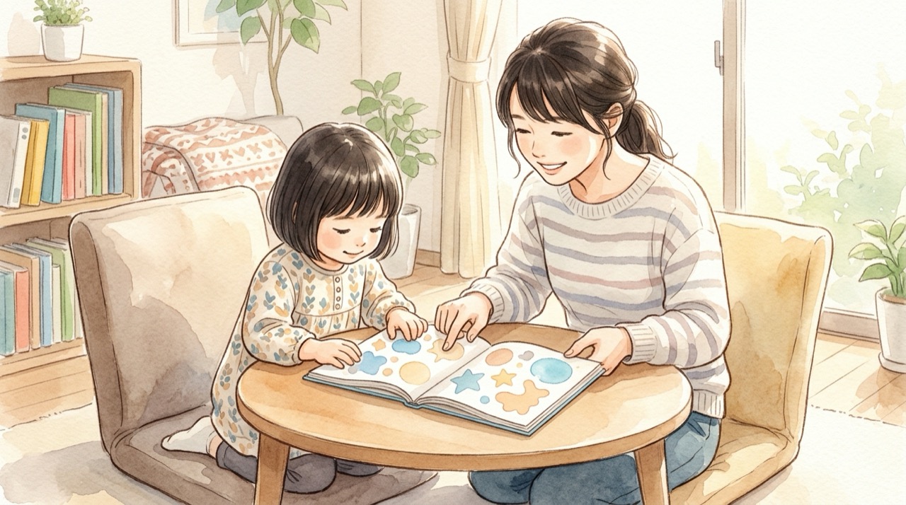 資料を確認し、必要な情報を選び、担当者と相談する三段階の模式図。