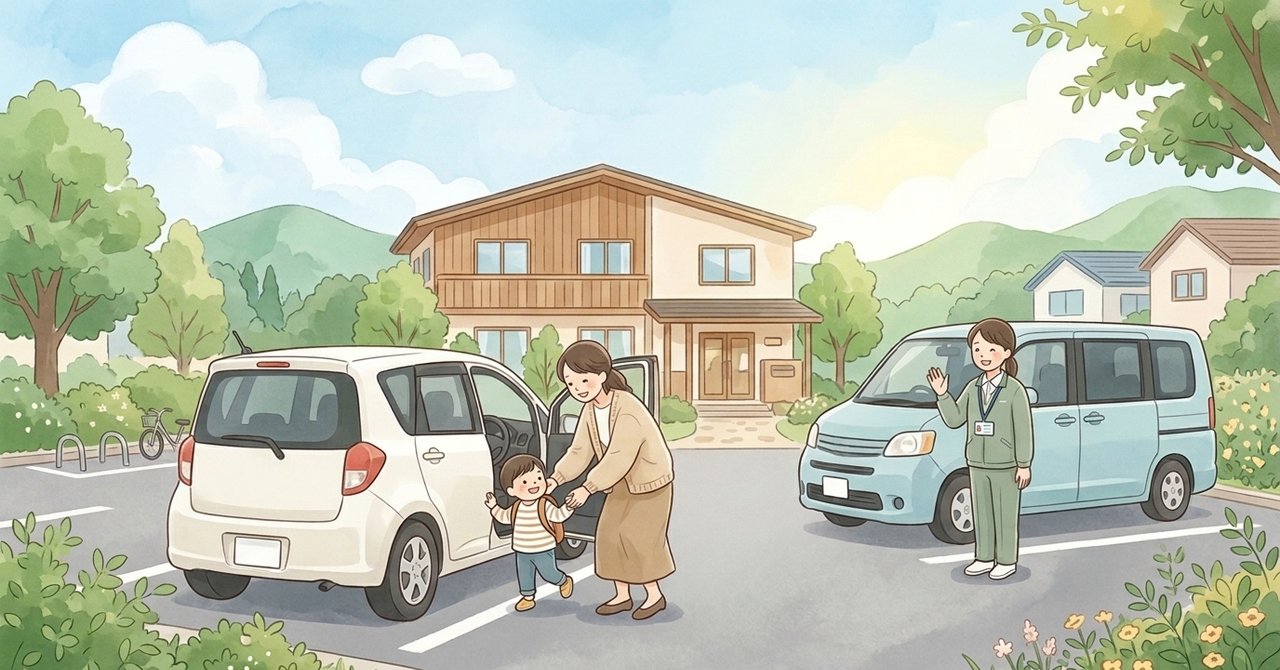 地方や郊外の風景のなか、車での療育通所や事業所の送迎車と保護者が穏やかに確認し合う様子のイラスト。