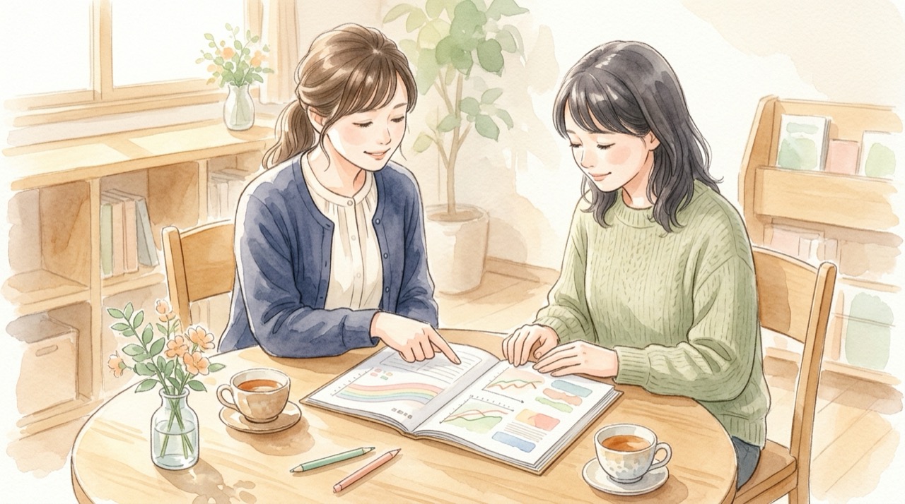 資料を確認し、必要な情報を選び、担当者と相談する三段階の模式図。