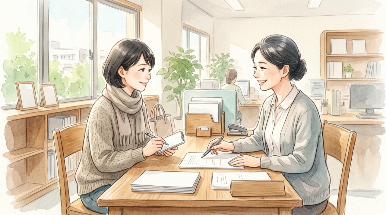 保護者が窓口のような机で、職員と向かい合ってメモを取りながら、書類を一緒に確認している様子のイラスト。