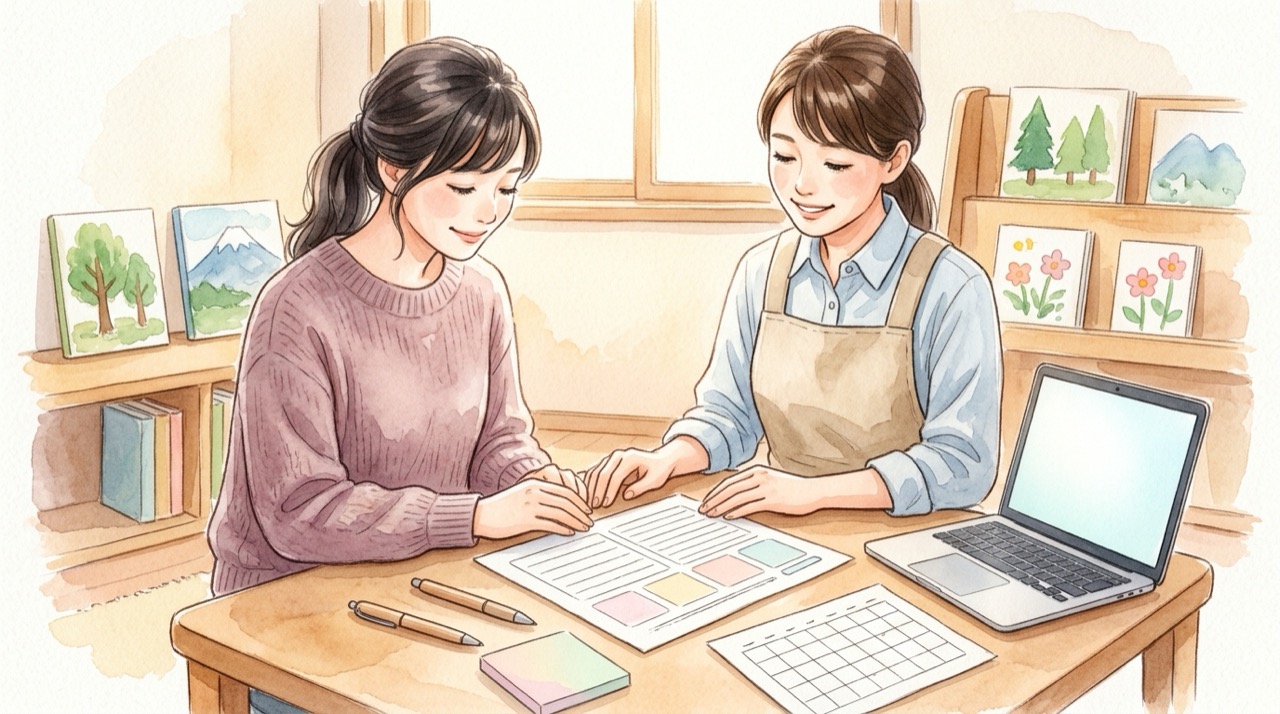保護者と園の先生が机を挟んで座り、書類と日程表を一緒に見ていて、机の端にパソコンが置かれている様子のイラスト。