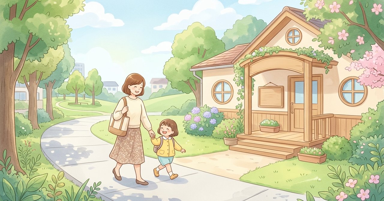 親子が温かい日差しのなか手をつないで園に向かい、保育園と療育の併行通園を穏やかに計画している様子のイラスト。