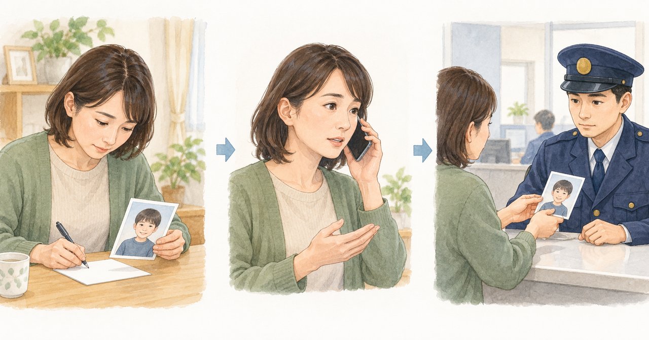 日頃に写真を確認し、見つからないときはすぐ警察へ連絡して、情報を伝えるイメージ。