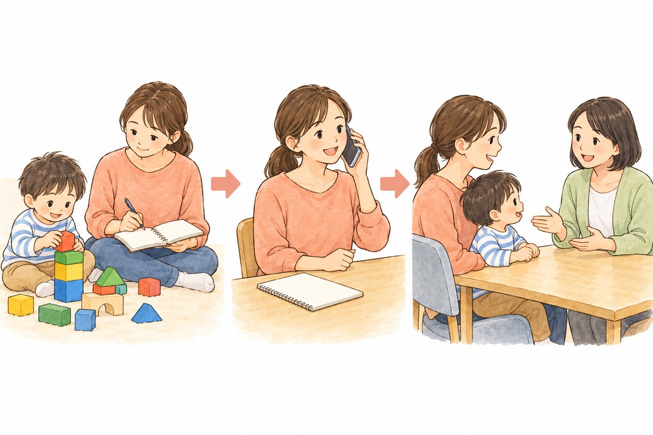 気づいたことをメモし、電話で相談し、親子で話を聞いてもらう流れ