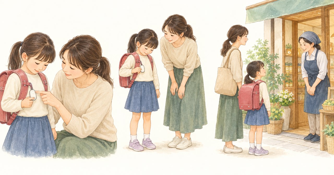 道具を確認し、扱い方を大人と練習して、助けを求める場所を確かめる流れのイメージ。