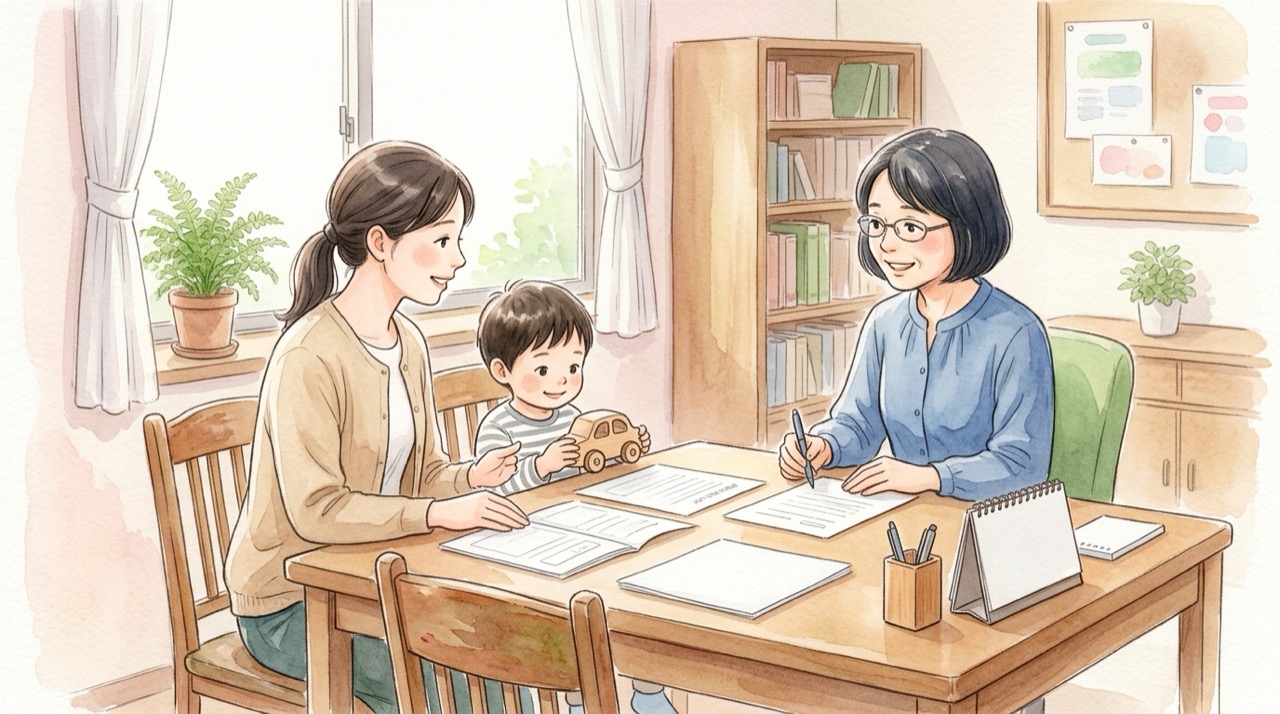 区役所の相談室で、保護者が書類を広げて職員の質問に答えている場面。