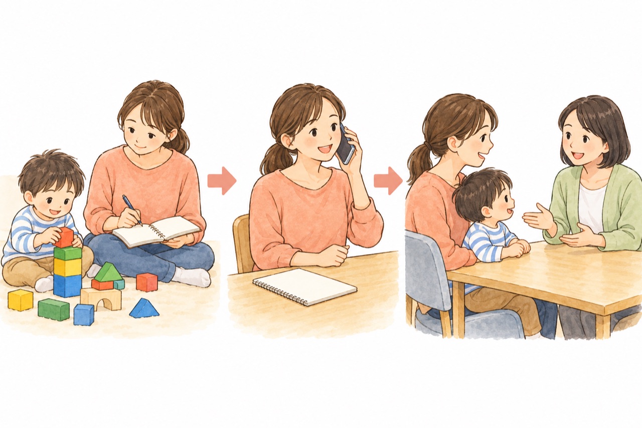 東かがわ市で言葉や発達が気になるとき、こども家庭センターと福祉課へ相談する準備の絵