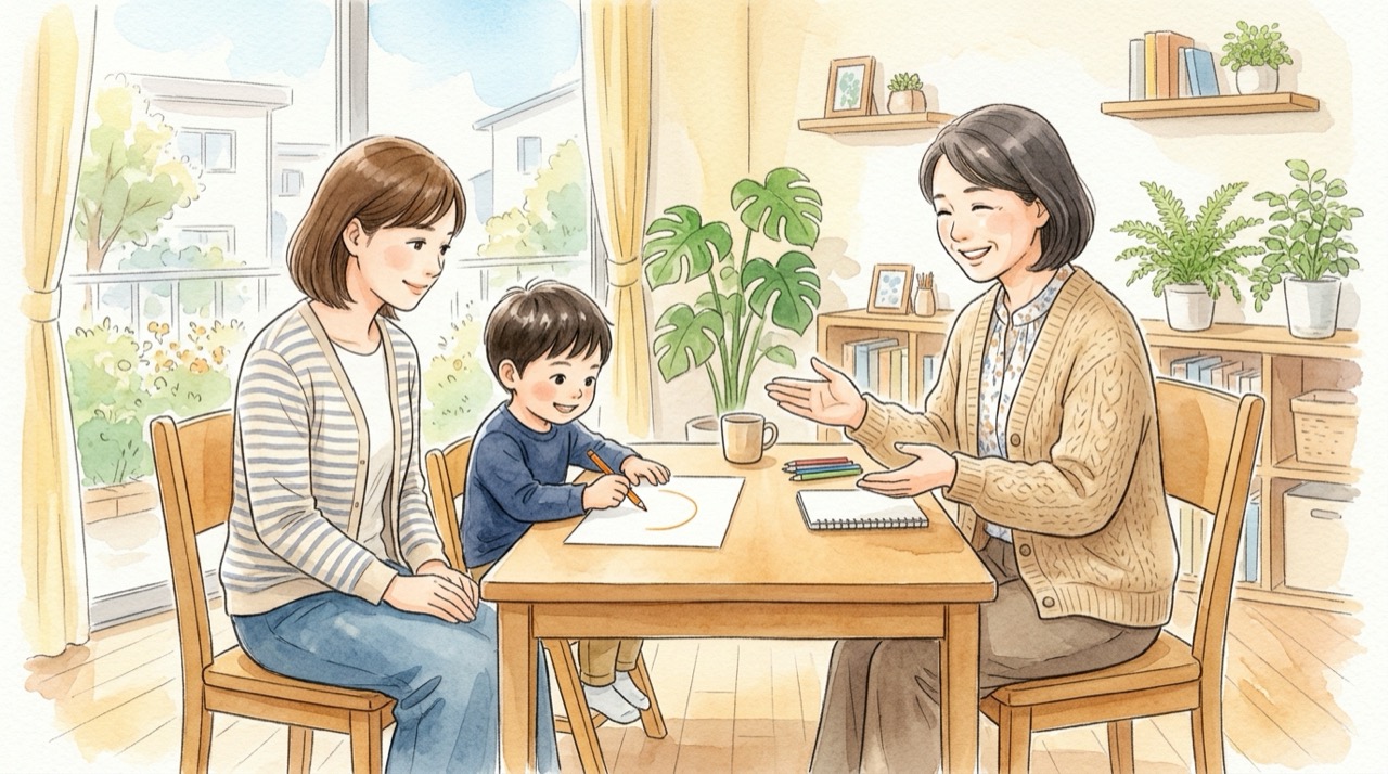 保護者のそばで子どもが絵を描き、相談員が向かい側で話を聞いている様子のイラスト。