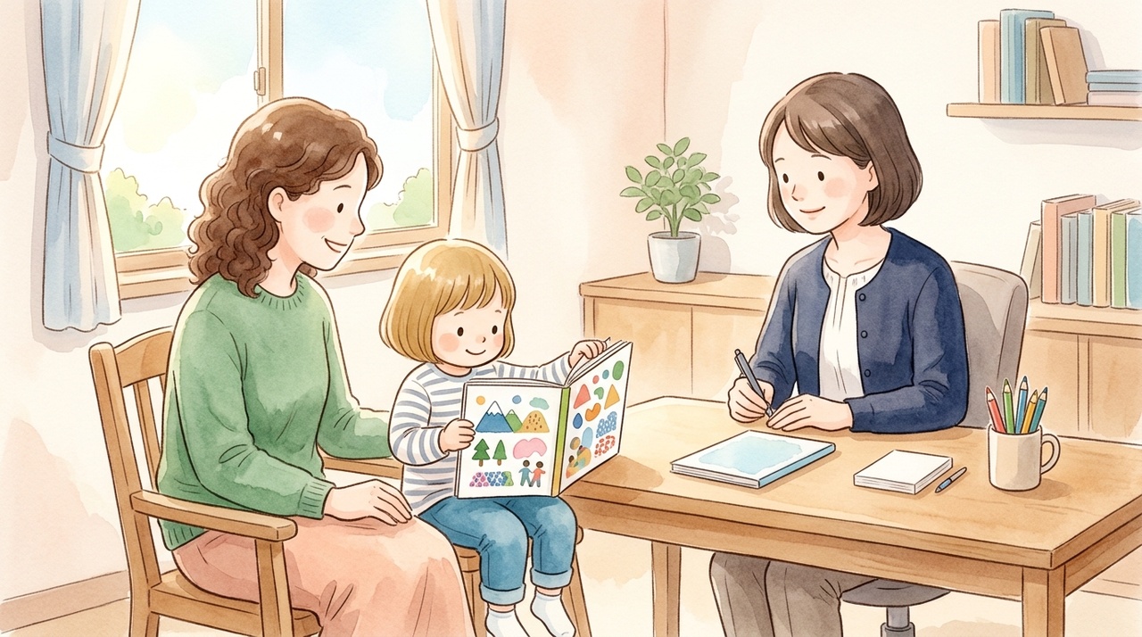 市役所の窓口で、保護者が受給者証の申請について職員に確かめている場面。