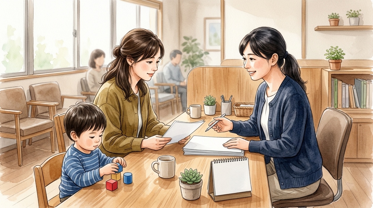 区の窓口で、保護者が申請の書類を広げて職員と話している場面。