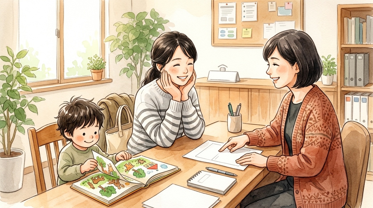 市の窓口で、保護者が受給者証の案内を見ながら相談している場面。