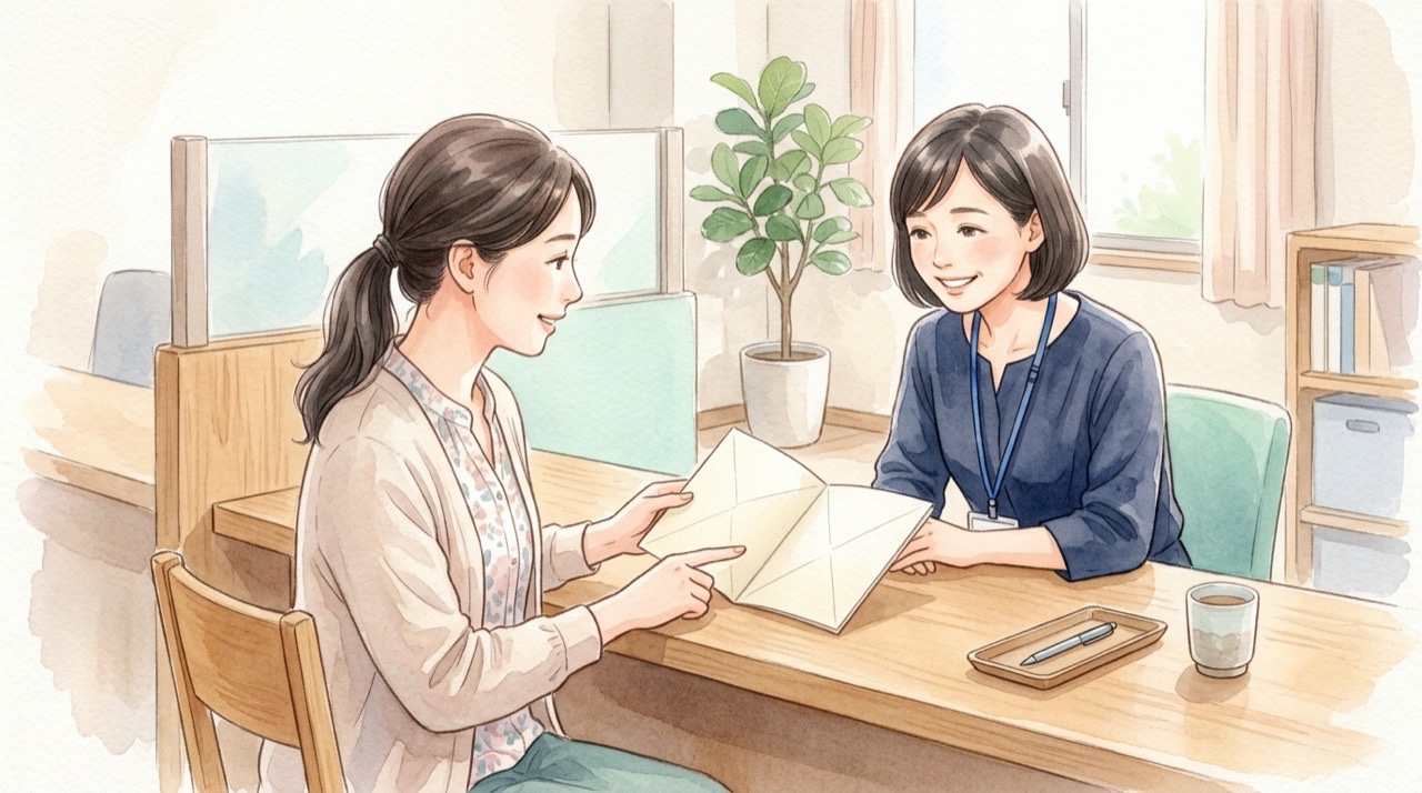 資料を確認し、必要な情報を選び、担当者と相談する三段階の模式図。