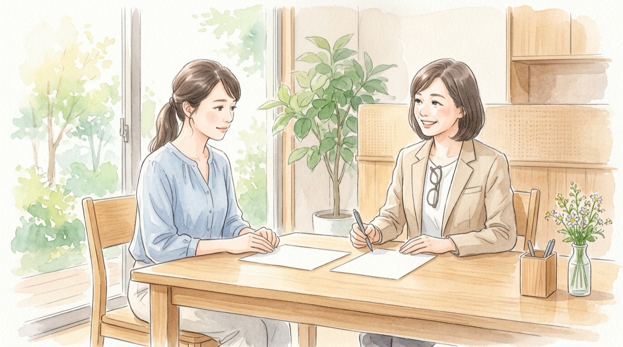 相談する窓口と受給者証を発行する窓口を、保護者がメモで見比べている場面。