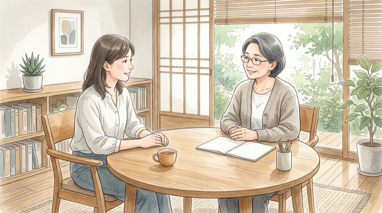 保護者と相談員が、丸いテーブルを囲んで落ち着いて話している様子のイラスト。