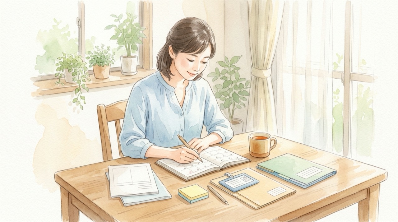 保護者が自宅の机で、カレンダーの手帳に面談の希望日を書き込み、書類や確認書類を並べている様子のイラスト。