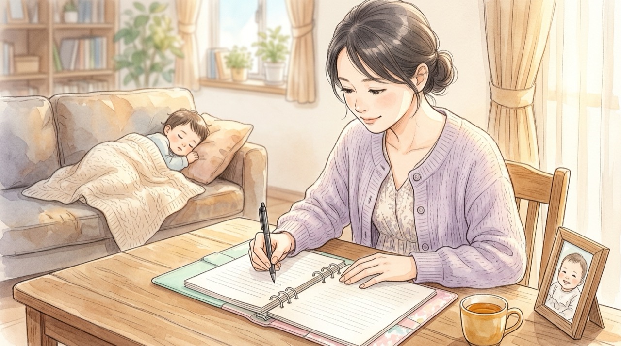 保護者が、ファイルに書き込みをしていて、後ろのソファで子どもが眠っている様子のイラスト。