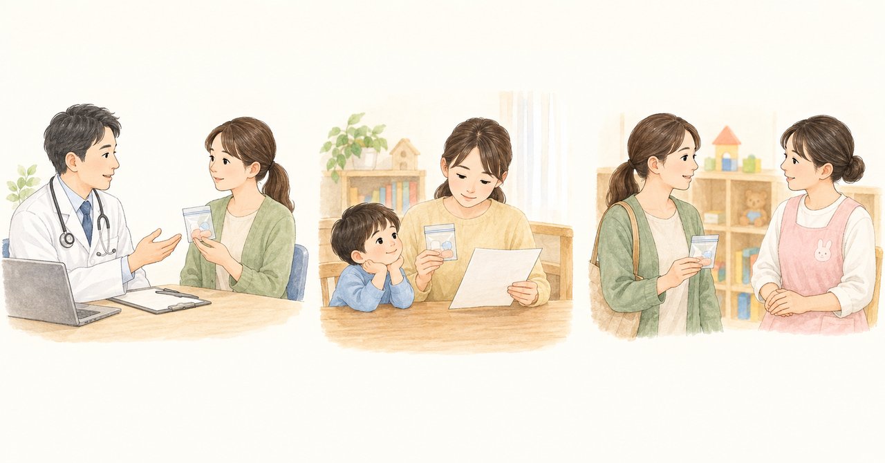 主治医へ相談し、資料を確認して、園へ預かりの手続きを尋ねる流れのイメージ。
