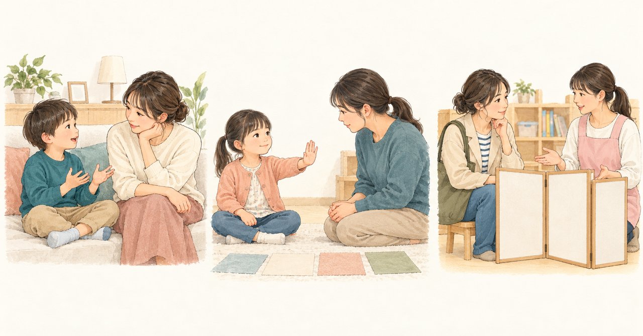 本人の話を聞き、意思の表し方を受け止め、園と環境を相談する流れのイメージ。
