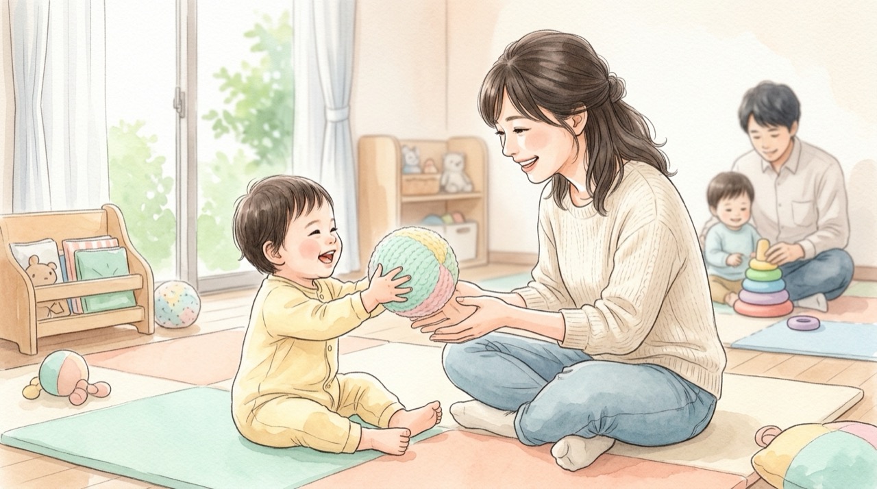 保護者が、小さな子どもとやわらかいボールを手渡し合って遊び、後ろで別の親子が遊んでいる様子のイラスト。