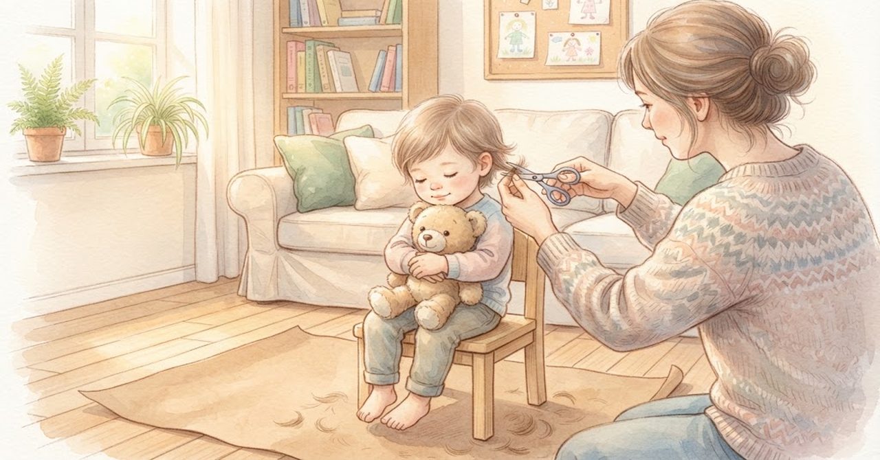 家の居間で、幼い子がぬいぐるみを抱いて座り、大人がそっと髪を切る絵(文字なし)