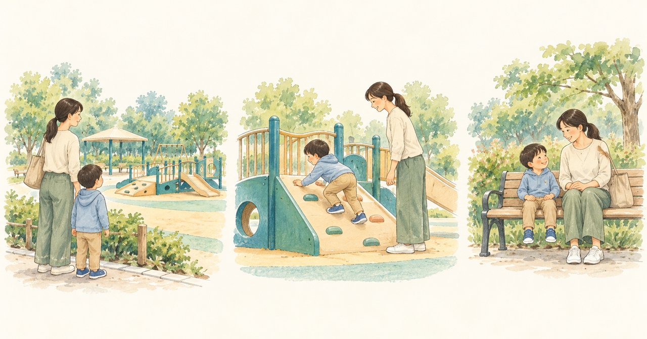遊び場を見て、過ごし方を選び、休む場所も考える流れのイメージ。描かれた公園は架空です。