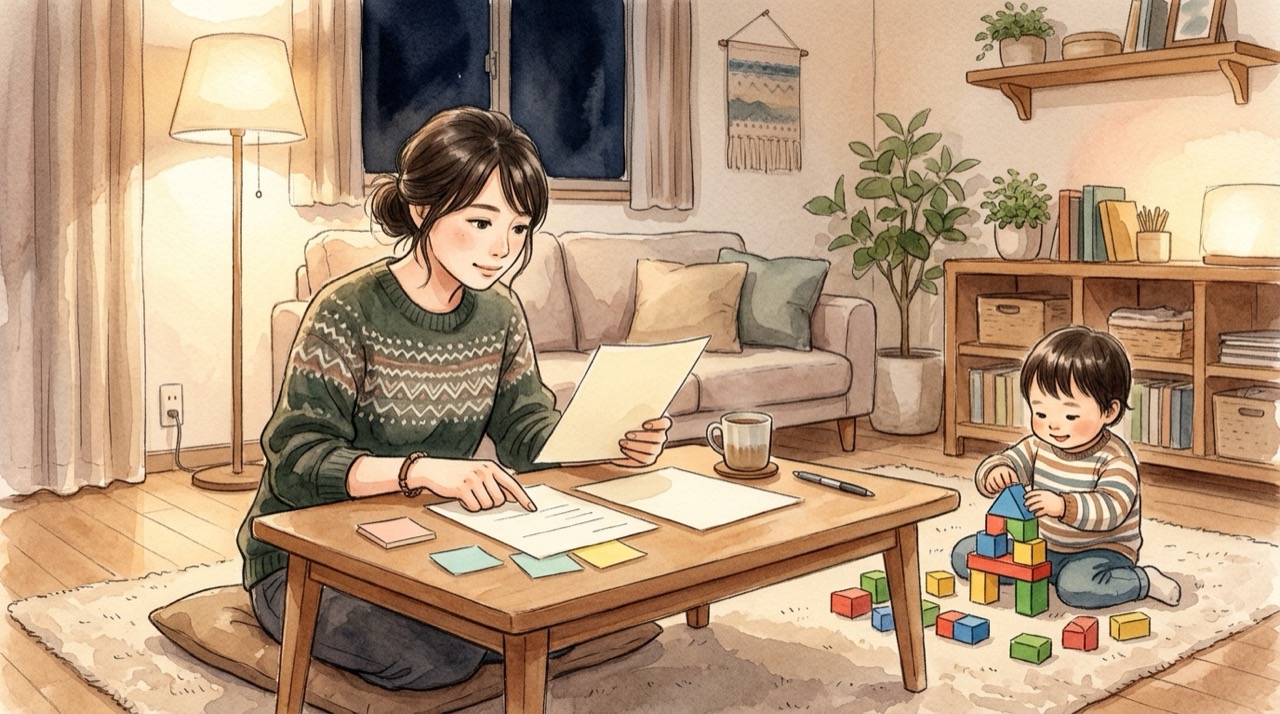 受給者証と区のお知らせを並べて、特記事項の欄を確かめている保護者の場面。