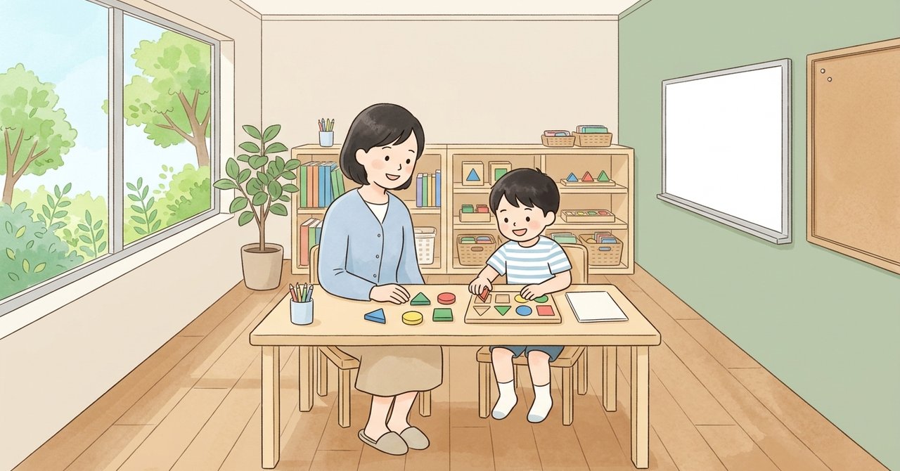 明るい小学校の個別指導教室で、先生と子どもが落ち着いて教材に向き合い学んでいる様子のイラスト。