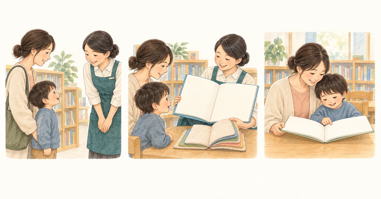 図書館で尋ね、本の形式を見比べ、親子で楽しみ方を考える流れのイメージ。