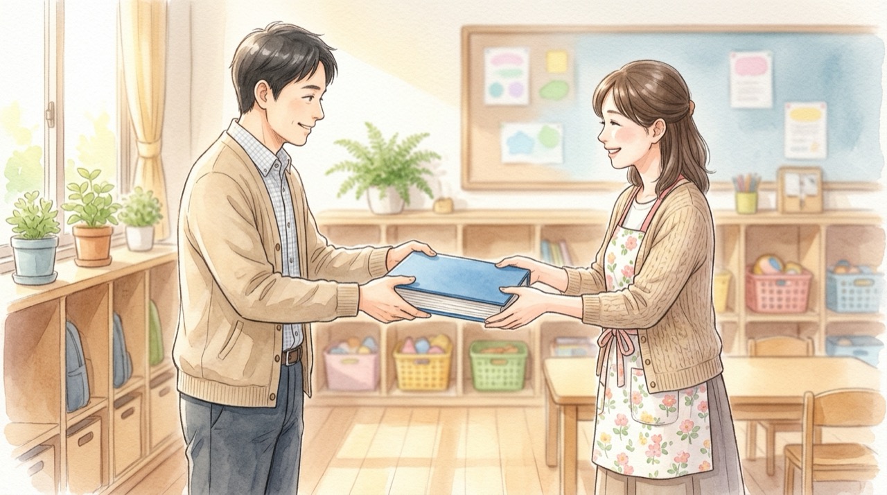 資料を確認し、必要な情報を選び、担当者と相談する三段階の模式図。