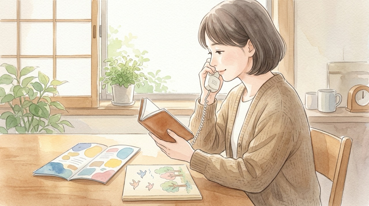 保護者が電話で相談しながら手元のメモ帳を見ていて、机にパンフレットが置かれている様子のイラスト。