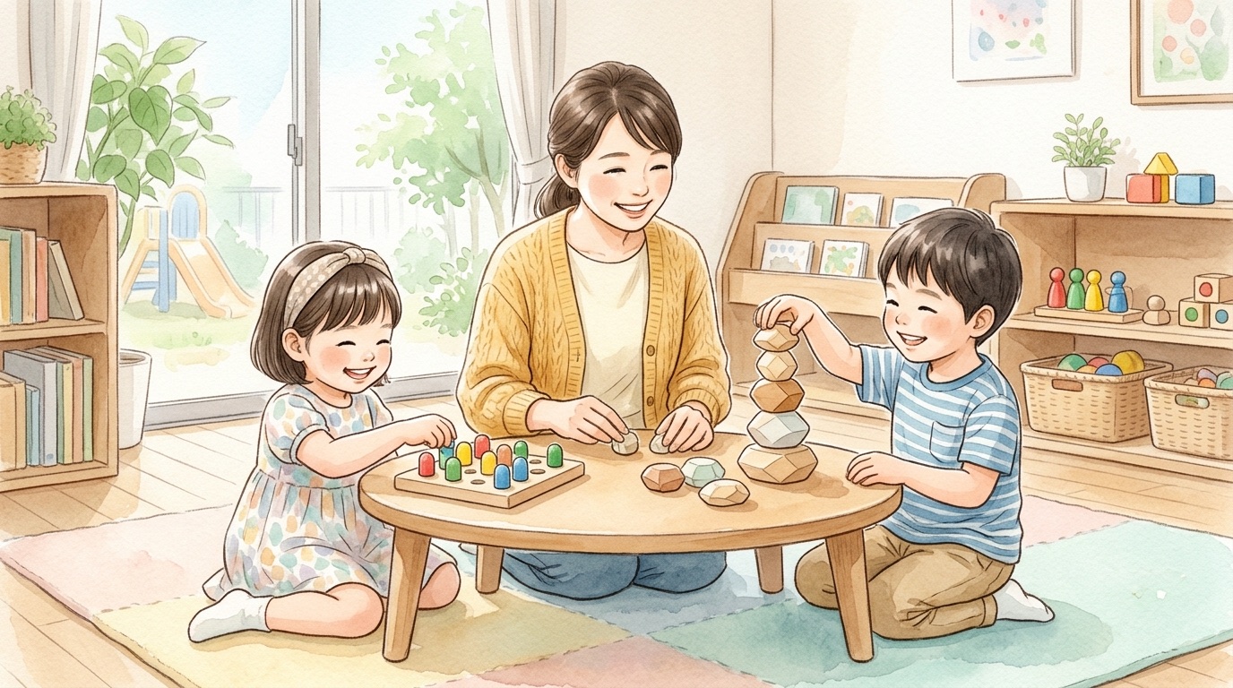 伊是名村で子どもの発達について相談する場面の絵