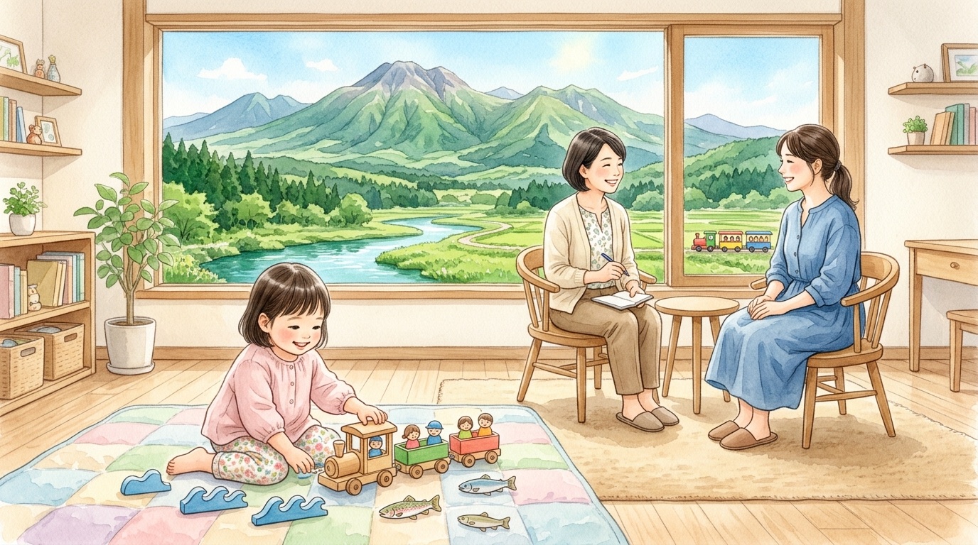 南阿蘇村で子どもの発達について相談する場面の絵