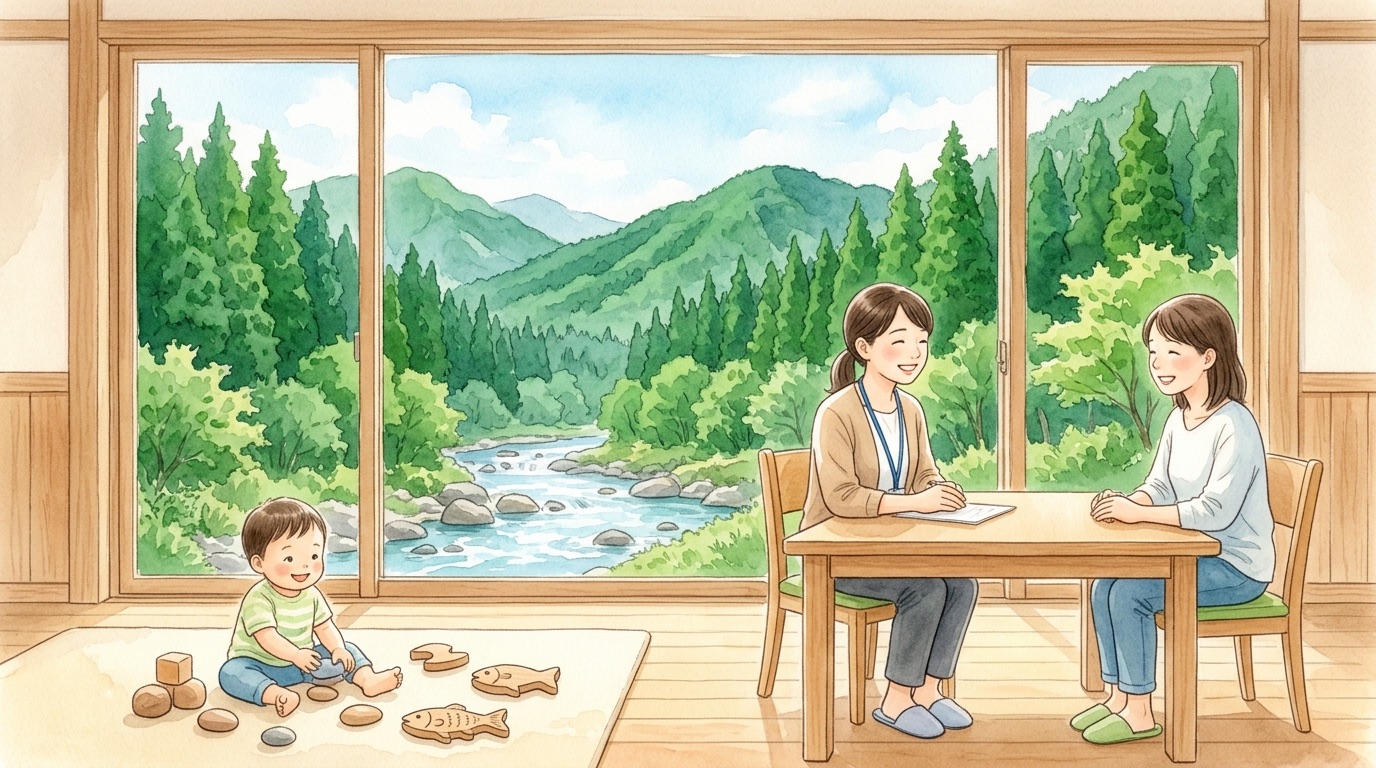 水上村で子どもの発達について相談する場面の絵