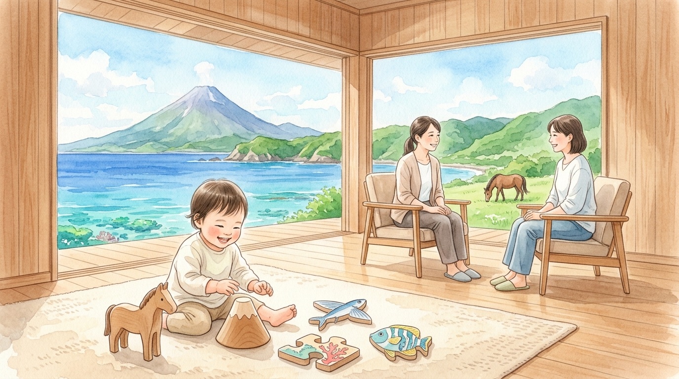 十島村で子どもの発達について相談する場面の絵