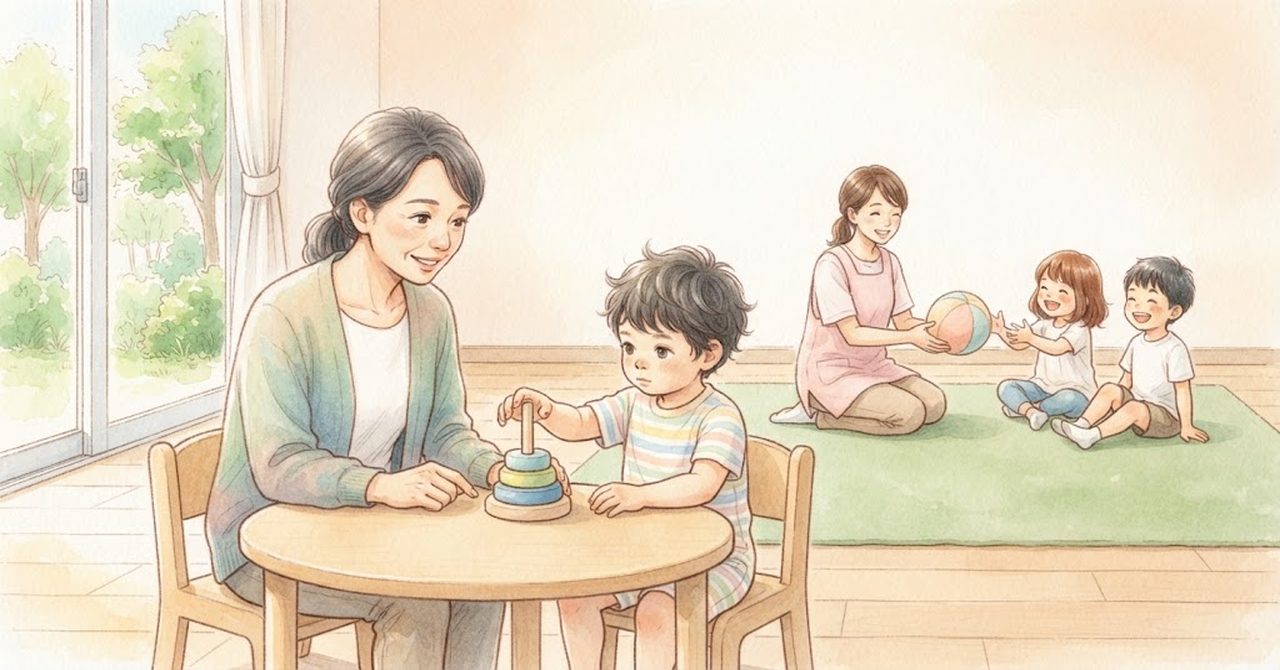 机で先生と子どもが輪の積み木をし、奥のマットで先生と子ども2人がボール遊びをしている療育の部屋の絵