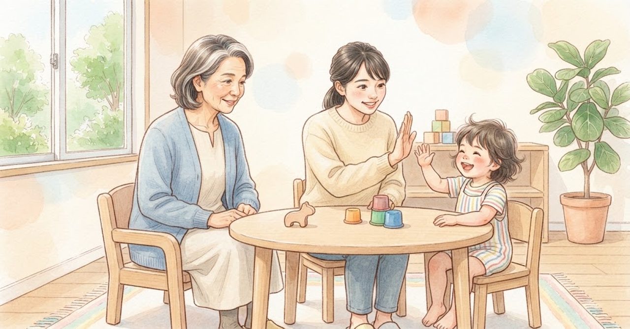 先生と子どもが机でハイタッチをし、年上の職員がそばで見守っている絵