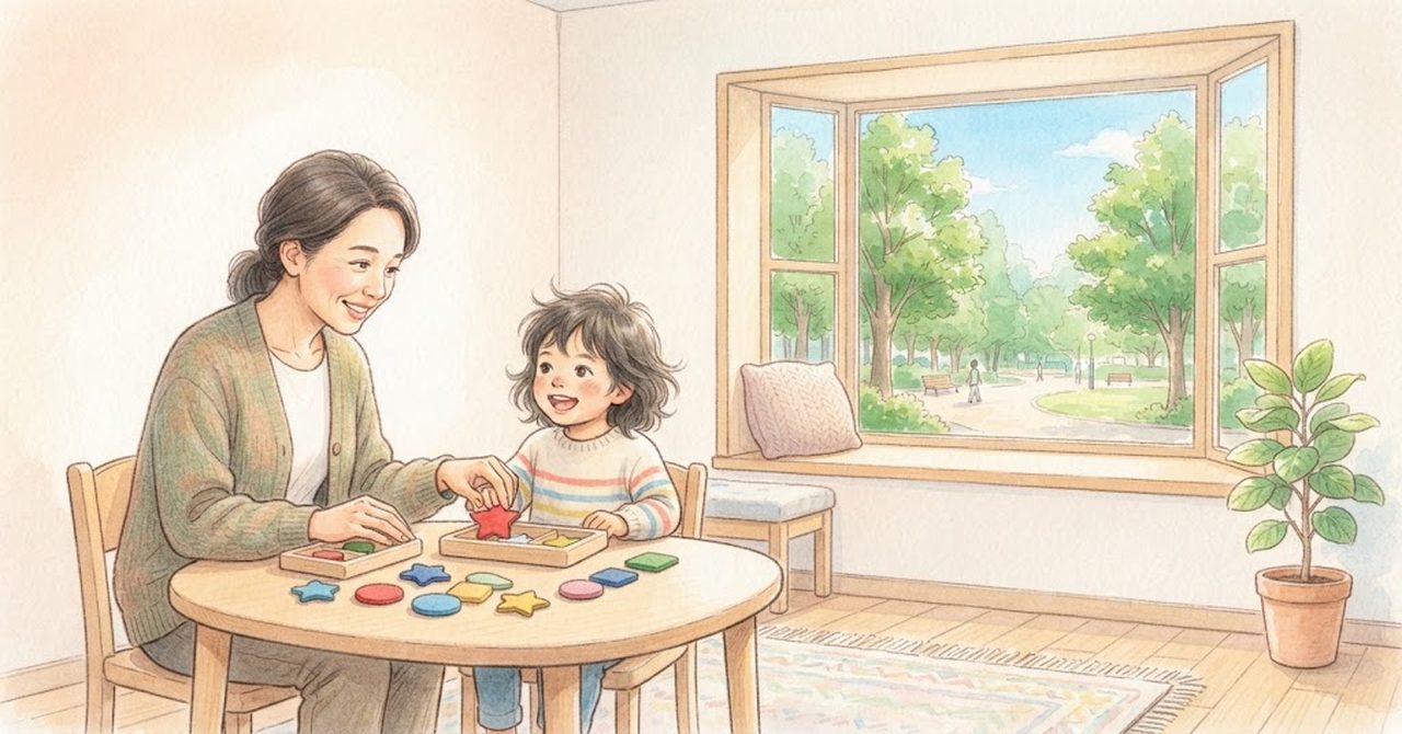 先生と子どもが机で星や丸の形の型はめをしている絵