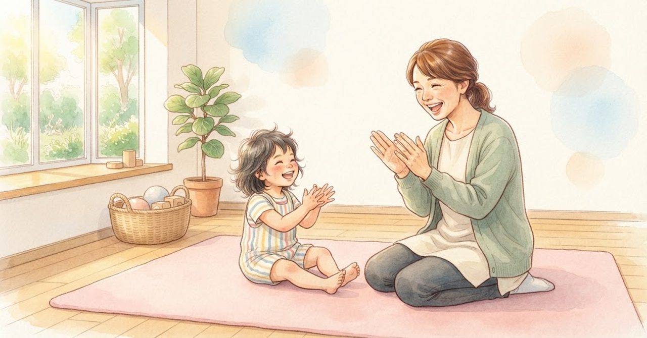 先生と子どもがマットに座り、笑いながら手をたたいている絵