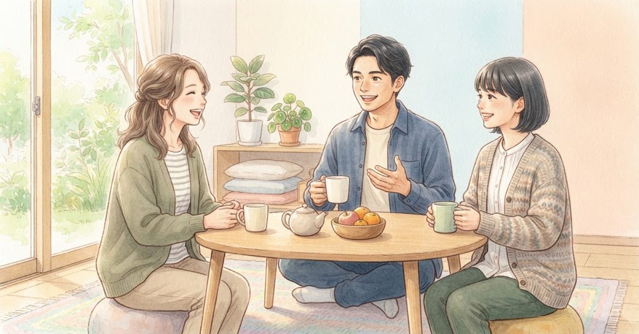 職員3人が机を囲み、お茶を飲みながら話している絵