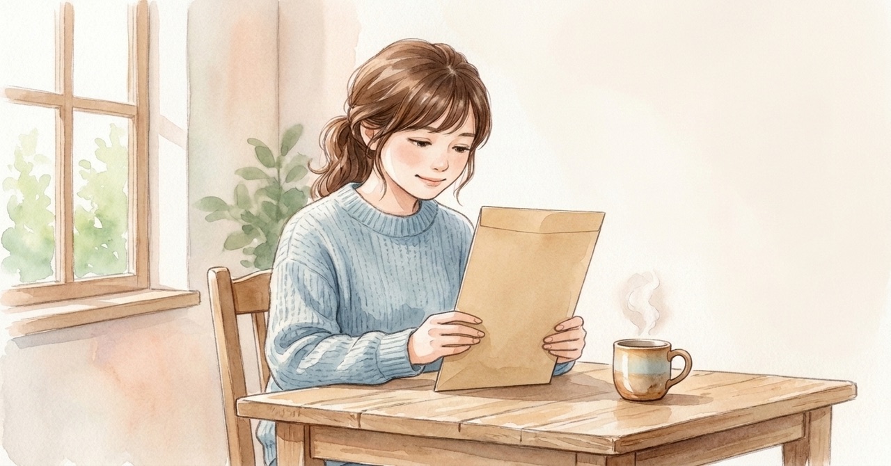 窓のそばの机で、大きな無地の封筒を両手で持って見ている人の水彩のイラスト