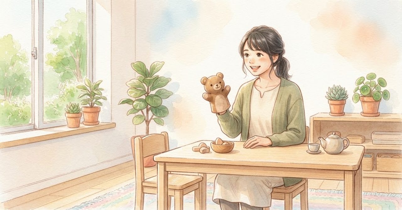 職員が机で、手にはめたくまの人形を見せながら話している絵