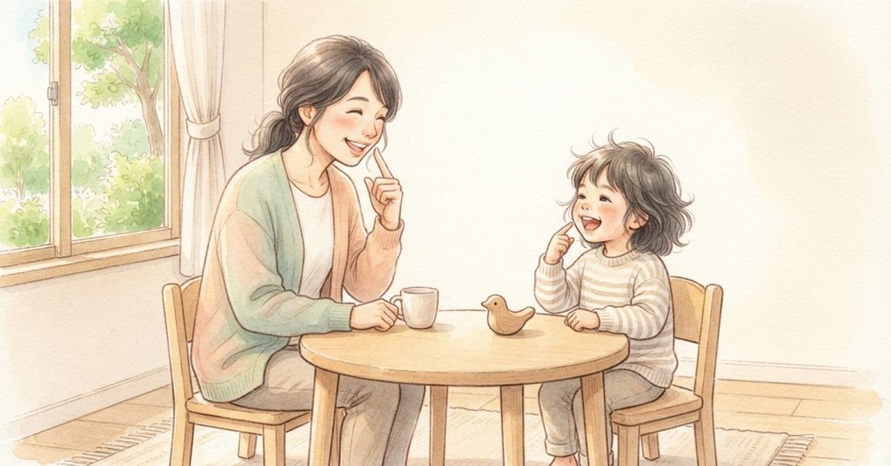 丸いテーブルで、大人と子どもが向かい合い、口もとを指さしながらことばのやりとりをしている水彩のイラスト
