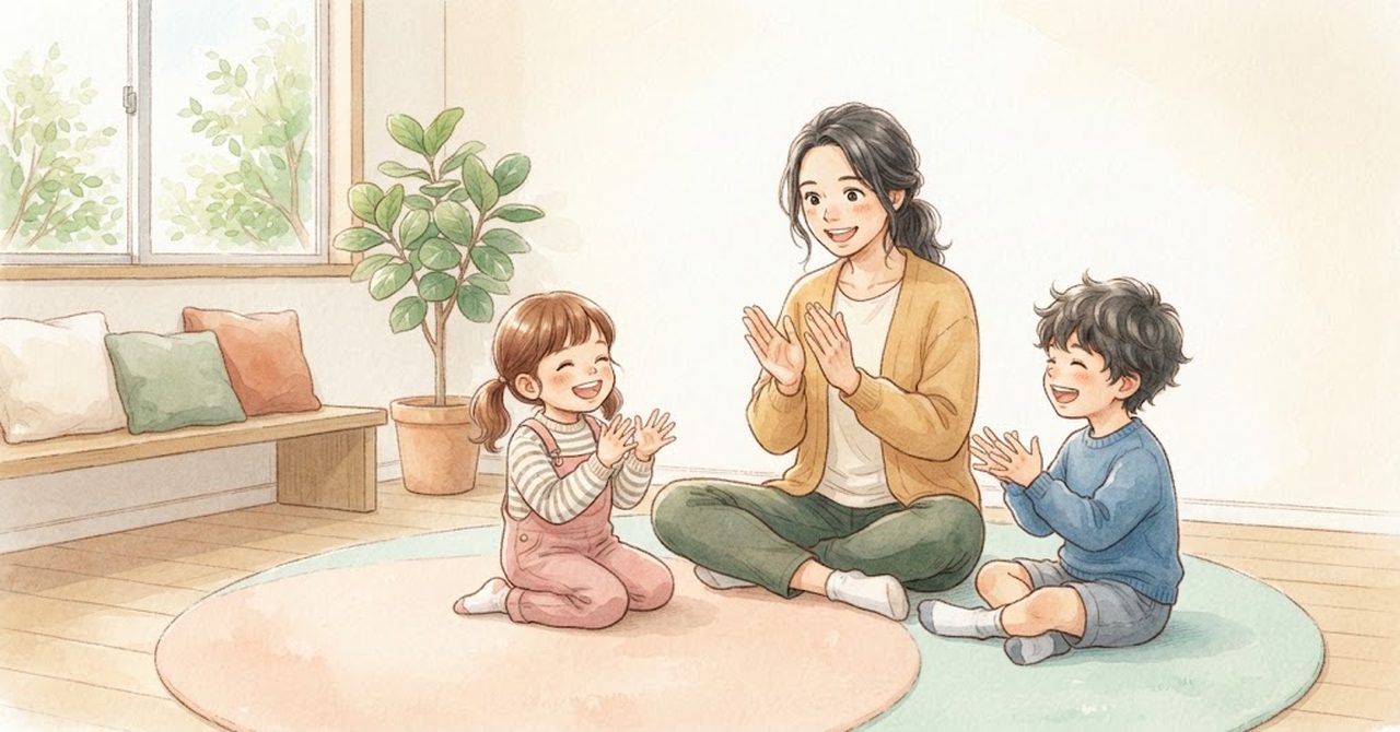 丸いラグの上で、大人と2人の子どもが笑顔で手をたたいて遊んでいる水彩のイラスト