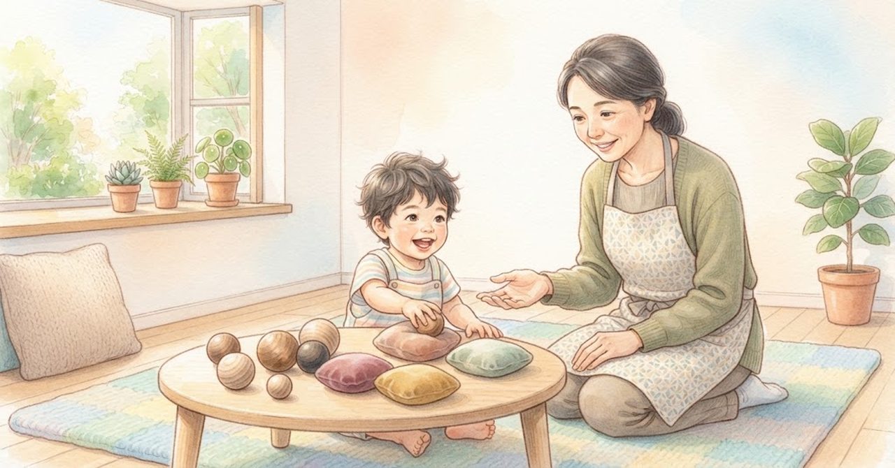 先生がそばで手を差し出し、子どもが机の上のボールにさわっている絵