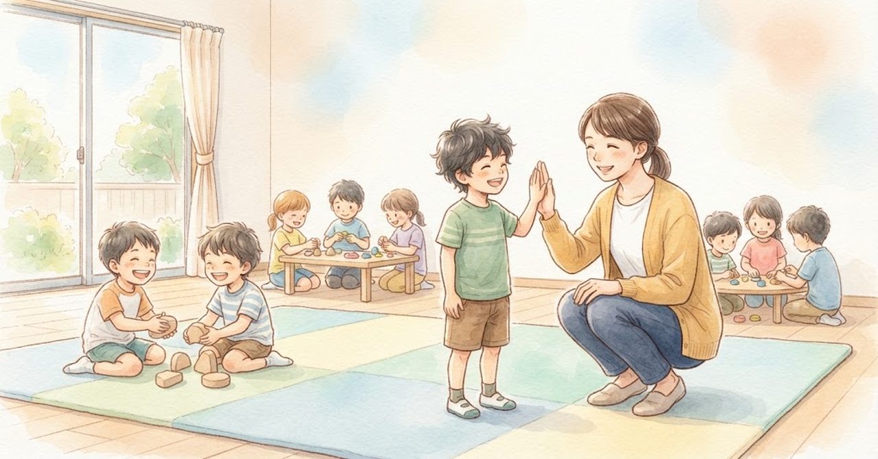 広い部屋で、子どもたちが遊ぶなか、大人がしゃがんで1人の子どもとハイタッチをしている水彩のイラスト