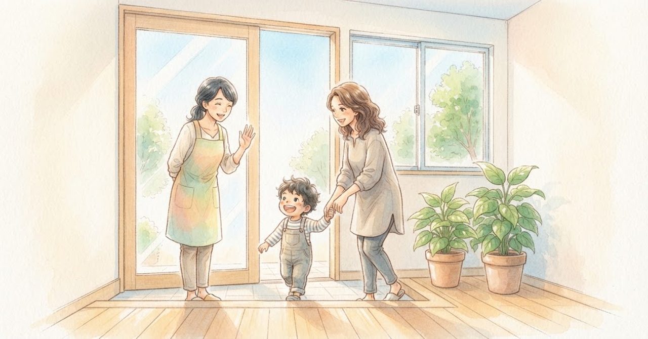 明るい部屋の入口で、エプロンの大人が手を振り、保護者と手をつないだ子どもを迎えている水彩のイラスト