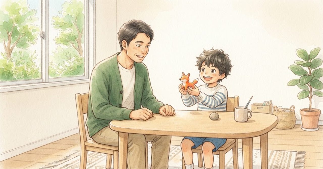 テーブルで、大人が向かいの子どもの話を聞き、子どもはキツネの人形を手に笑っている水彩のイラスト